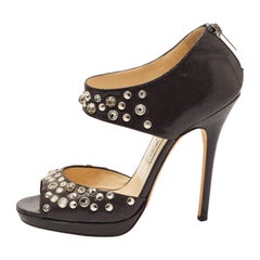 Used Jimmy Choo Black Studded Nubuck Leather Bonnie Back Zip Sandals Size 39