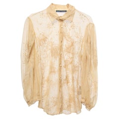 Ralph Lauren - Chemise transparente brodée de dentelle crème et boutonnée sur le devant M