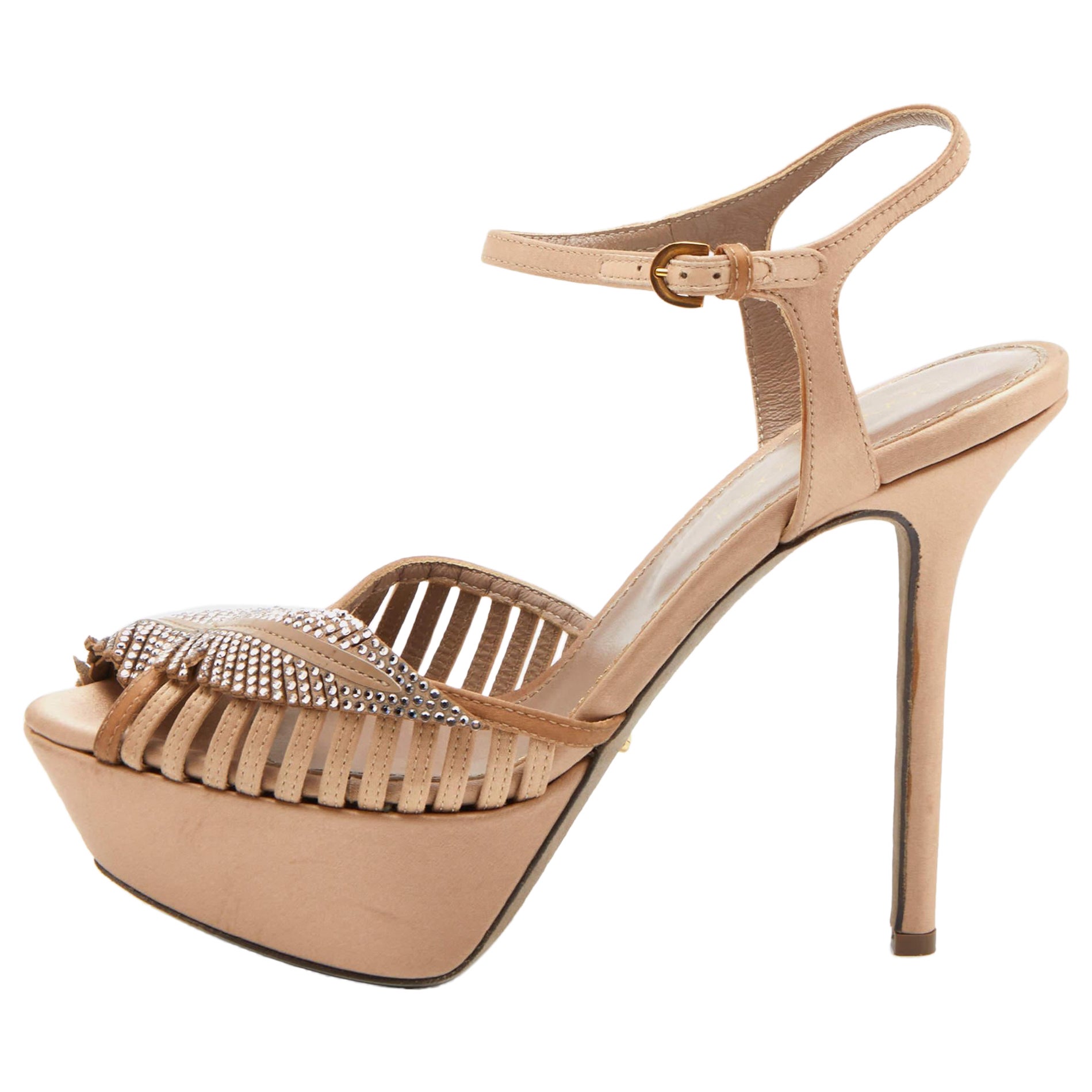 Sergio Rossi Light Brown Satin Crystal Embellished Ankle Strap Sandals Size 35.5 For Sale