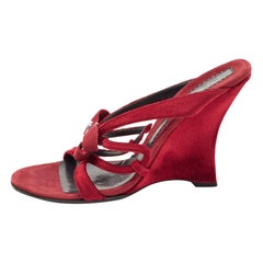 Casadei Red Velvet Bow Embellished Wedge Strappy Sandals Size 38