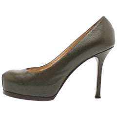 Saint Laurent Dark Green Leather Tribtoo Platform Pumps Size 36