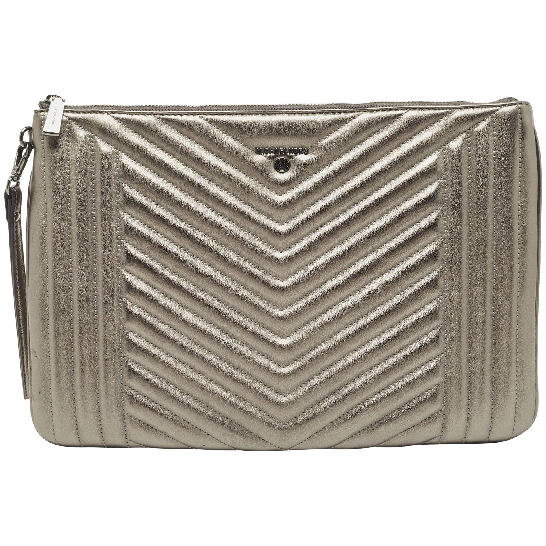 Michael Kors Grey Quilted Leather Extra Large Jet Set Pouch