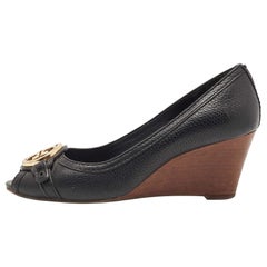 Tory Burch Black Leather Sally Wedge Pumps Size 39.5