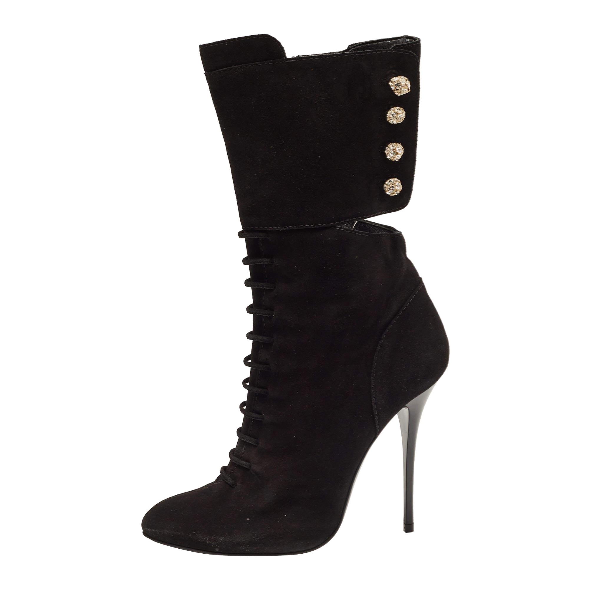 Giuseppe Zanotti Black Suede Crystals Embellished Mid Calf Boots Size 40 For Sale