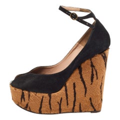 Chloe Black Suede Peep Toe Ankle Strap Printed Wedge Sandals Size 38