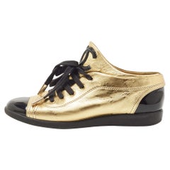 Chanel Gold/Black Patent and Leather Cap Toe Sneakers Size 37