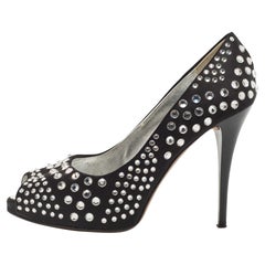 Giuseppe Zanotti Black Satin Crystal Embellished Peep Toe Platform Pumps Size 36