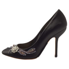Dior Black Satin Crystal Embellished Round Toe Pumps Size 40
