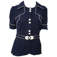 60s Navy Blue Knit Top w/ White Piping