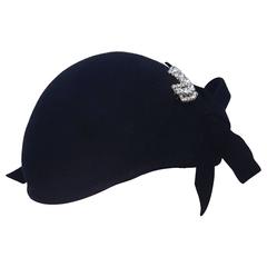 30s Black Felt Fashion Hat w/ Rhinestone Detail