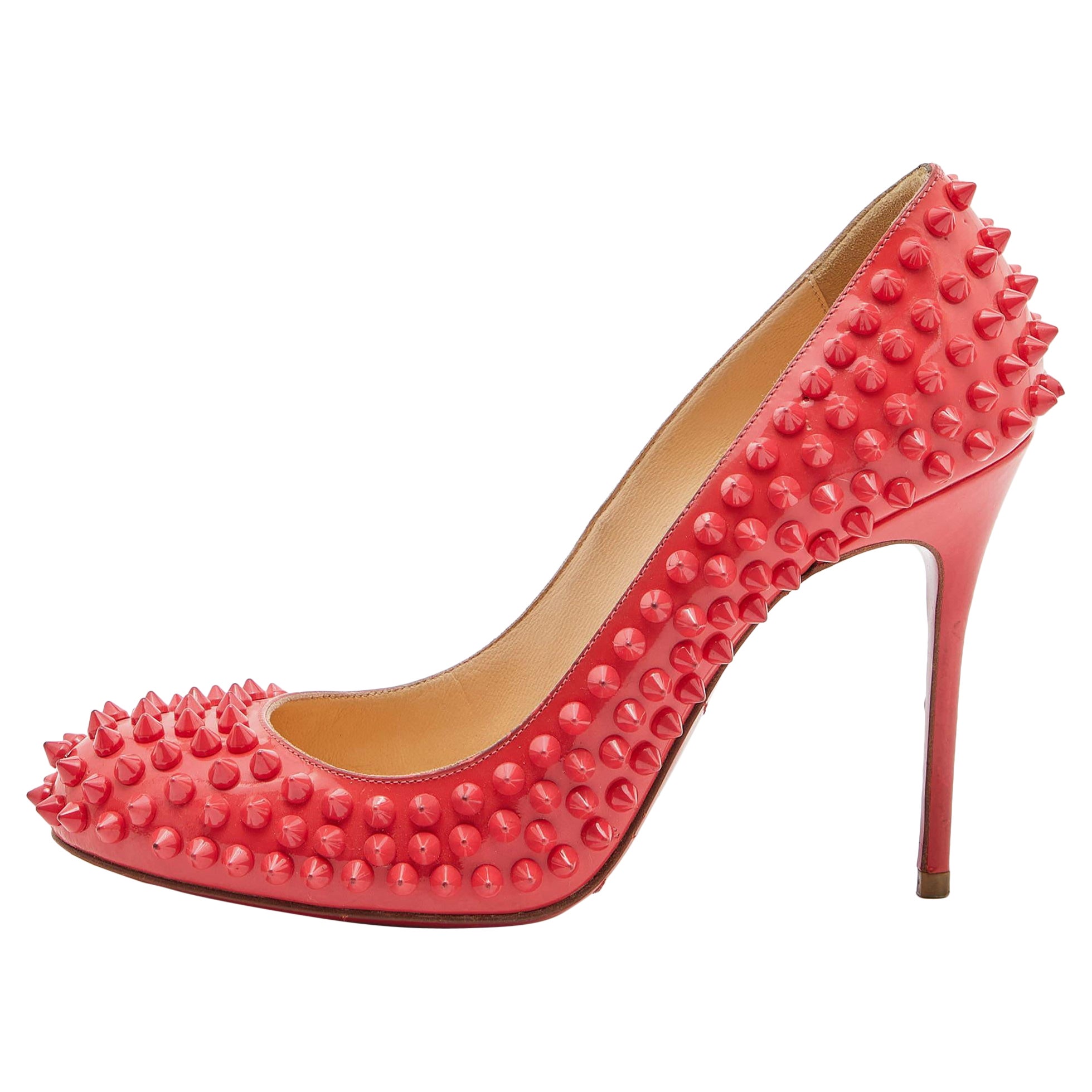 Christian Louboutin Coral Pink Patent Leather Fifi Spikes Pumps Size 36.5 For Sale