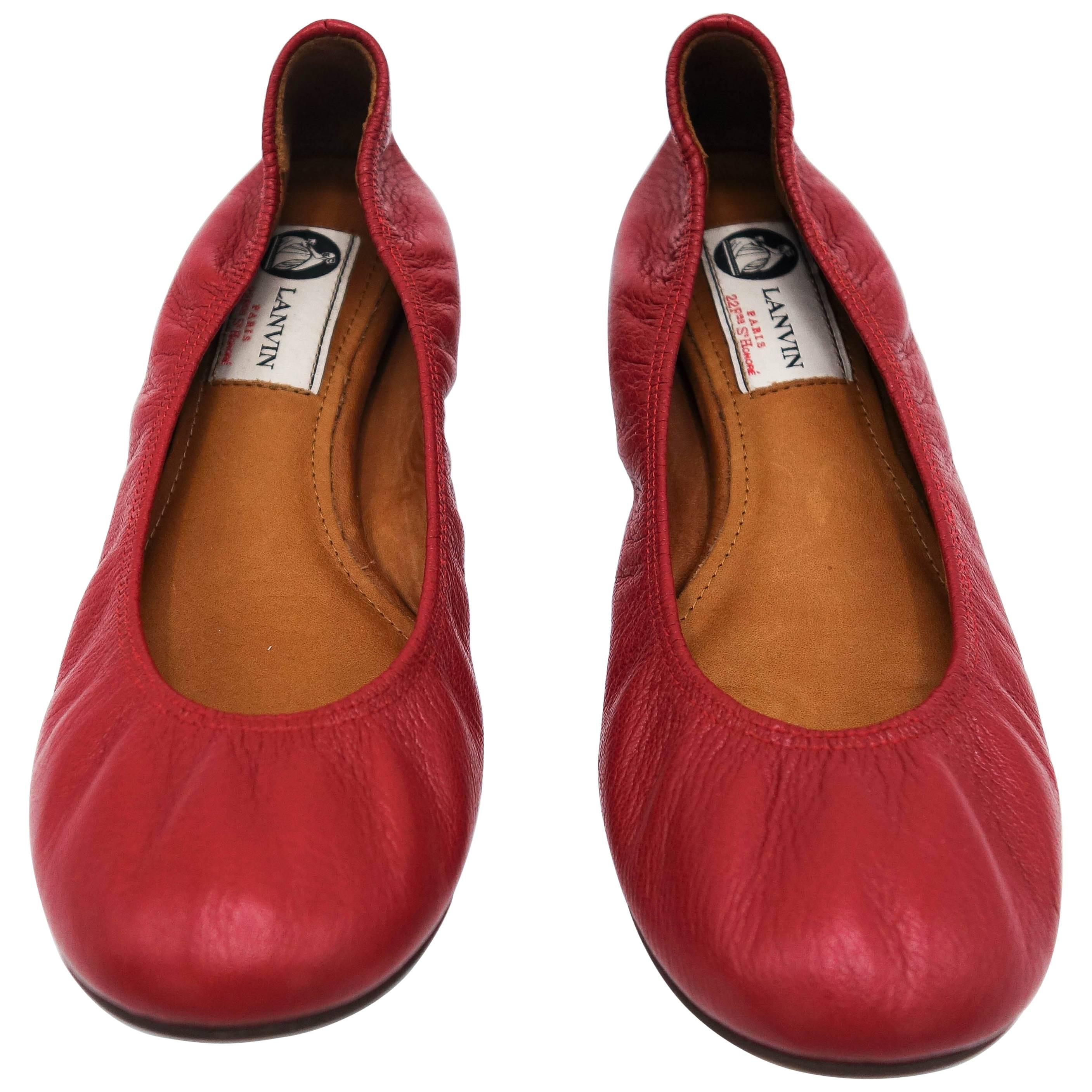 Lanvin Rouge Red Leather Ballet Flats 37.5