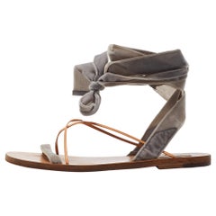 Valentino Grey Velvet Ankle Wrap Flat Sandals Size 37