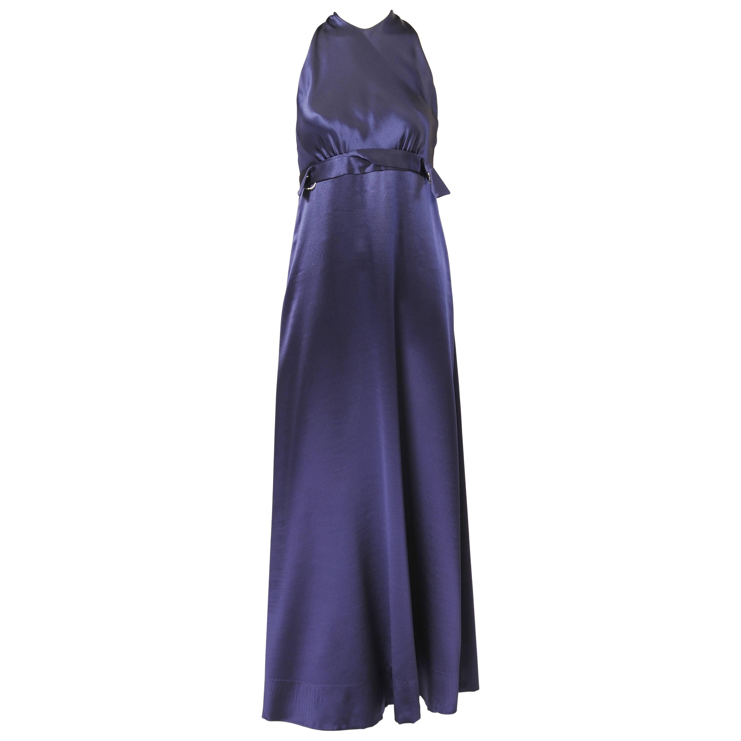 1970's Galanos Sapphire Blue Silk Evening Dress For Sale
