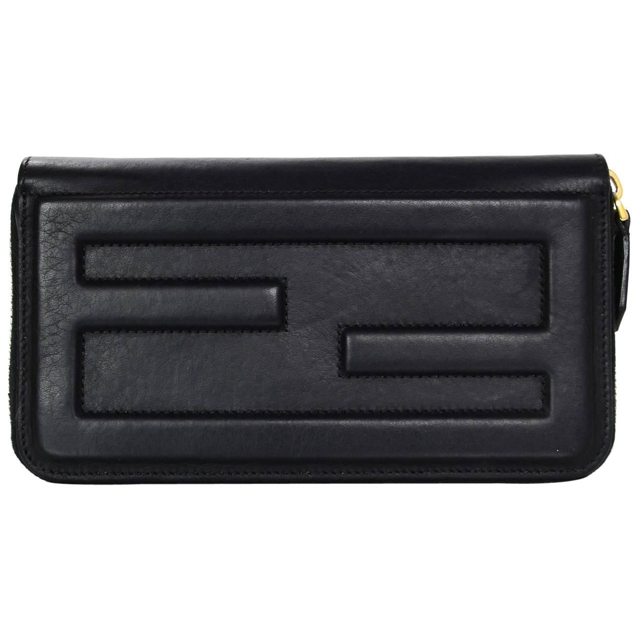 Fendi 2016 Black Leather Logo Zip Around Wallet GHW rt $650