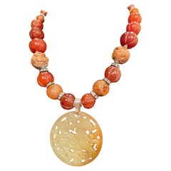 LB offers Jadeite Chinese Carving Vintage Carnelian Carved wood crystal necklace