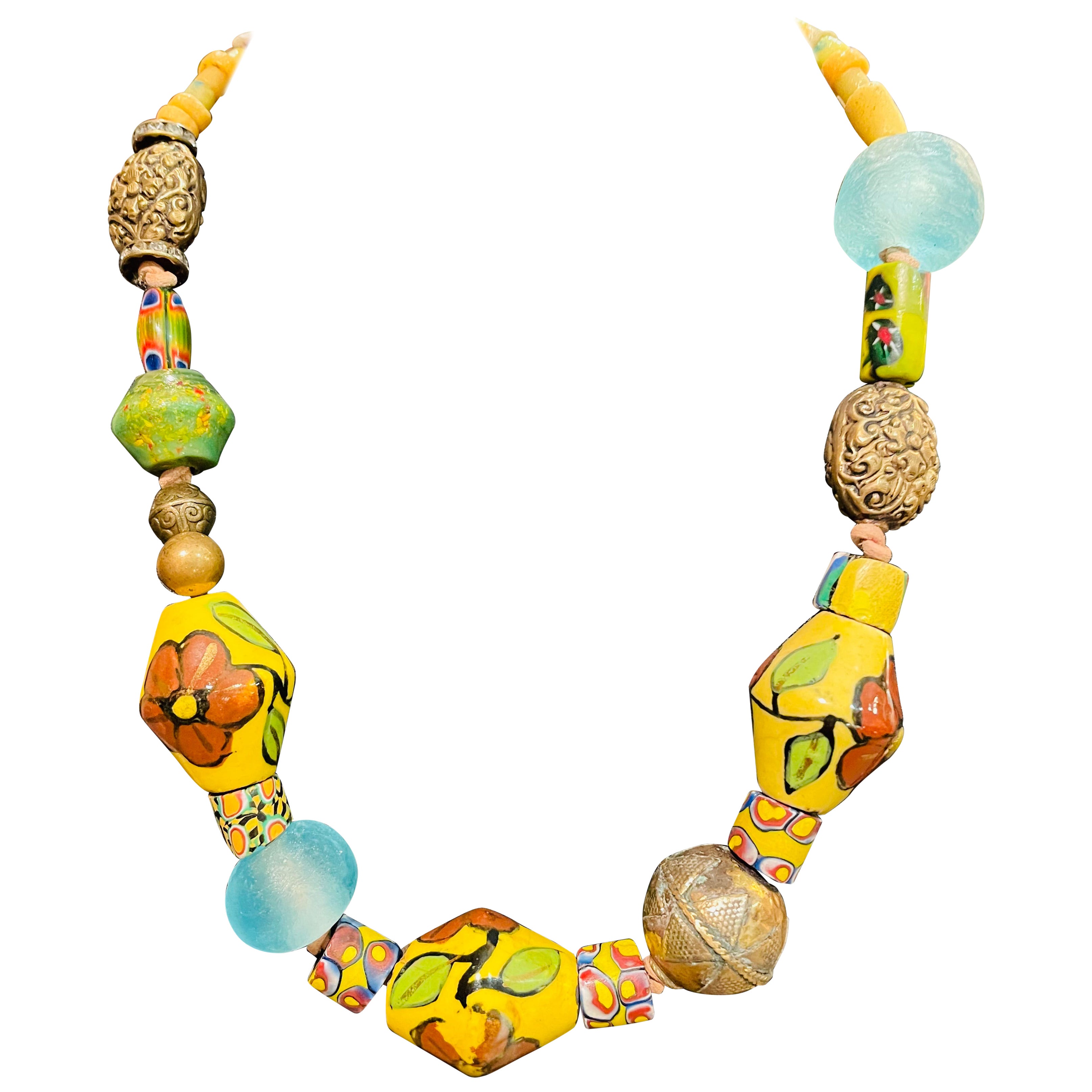 LB offre Vintage Tibetan Painted beads Venetian Trade Tibetan Brass necklace in vendita