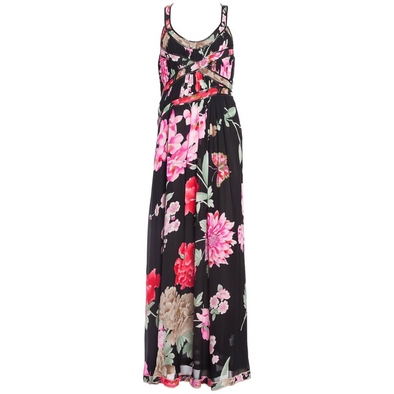 1990S LEONARD Pink and Black Silk Chiffon Tropical Floral Gown With ...