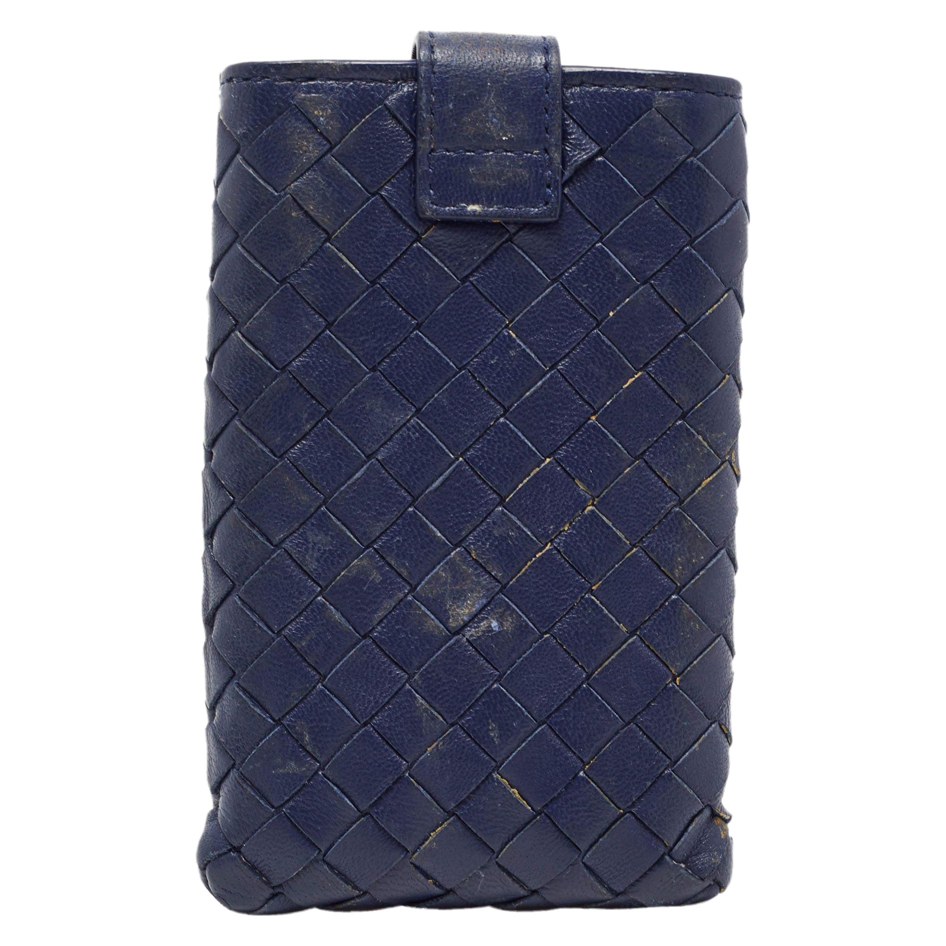 Bottega Veneta Dark Blue Intrecciato Leather Phone Case For Sale