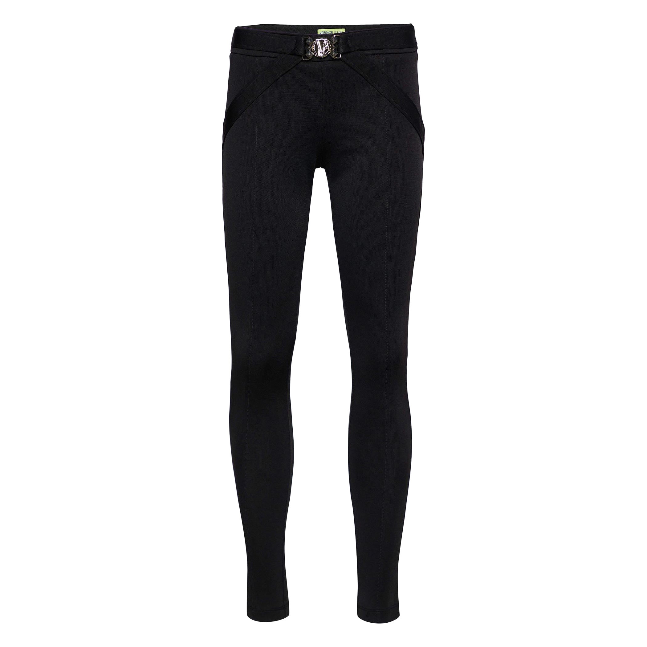 Versace Jeans Black Jersey Logo Buckle Detail Tapered Pants M