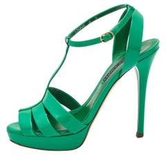 Ralph Lauren Collection Green Patent Leather T Strap Peep Toe Sandals Size 38