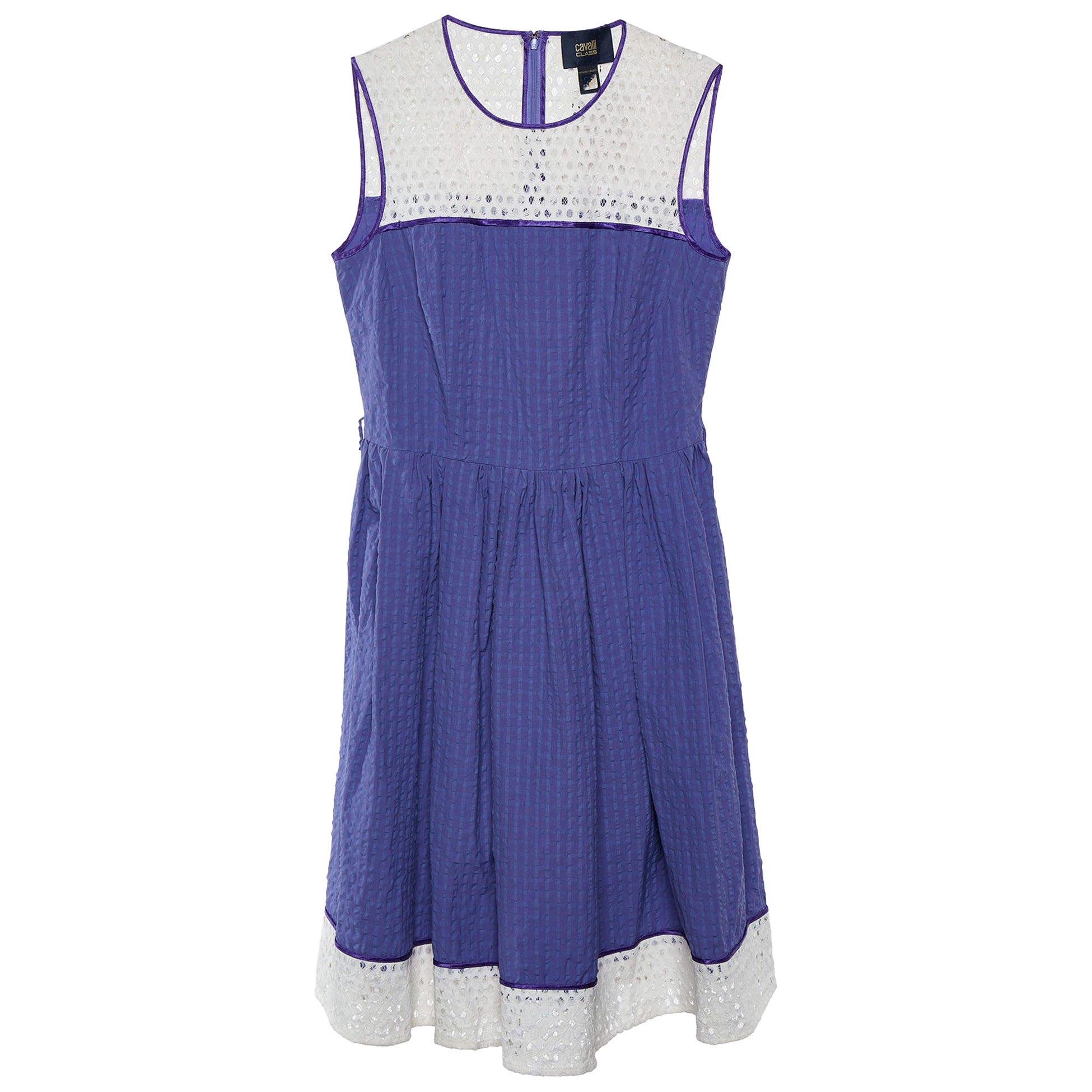 Cavalli Class Purple Seersucker Cotton & Lace Sleeveless Dress M For Sale