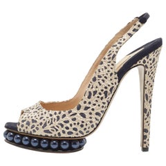 Used Nicholas Kirkwood Laser Cut Lace Suede Platform Peep Toe Slingback Pumps Size 39