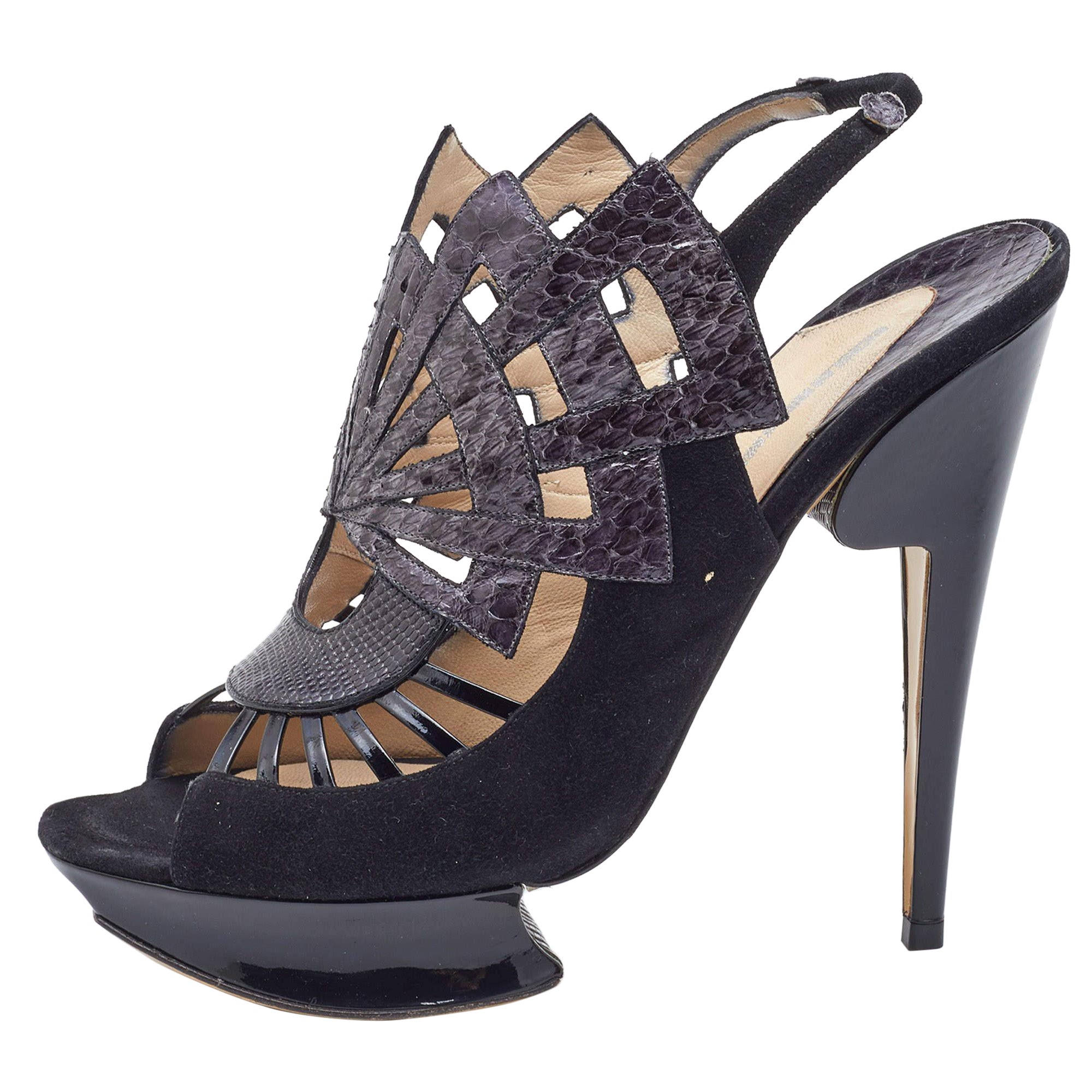 Nicholas Kirkwood Black Watersnake Leather and Suede Slingback Sandals Size 39 For Sale