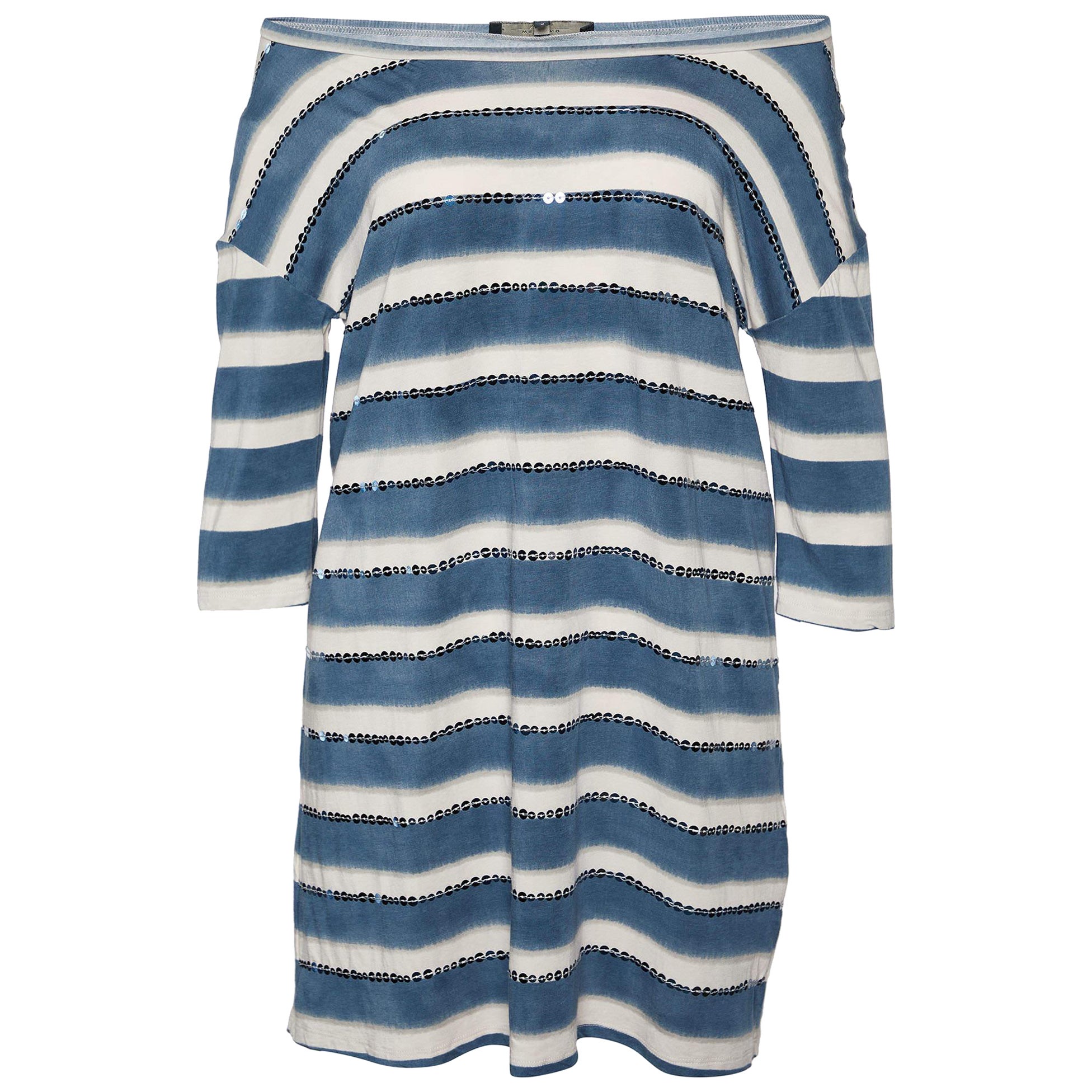 Weekend Max Mara White & Blue Cotton Striped Sequin Embellished Top M For Sale