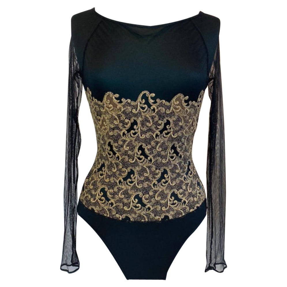 Versus bodysuit in black tulle with gold embroidery For Sale