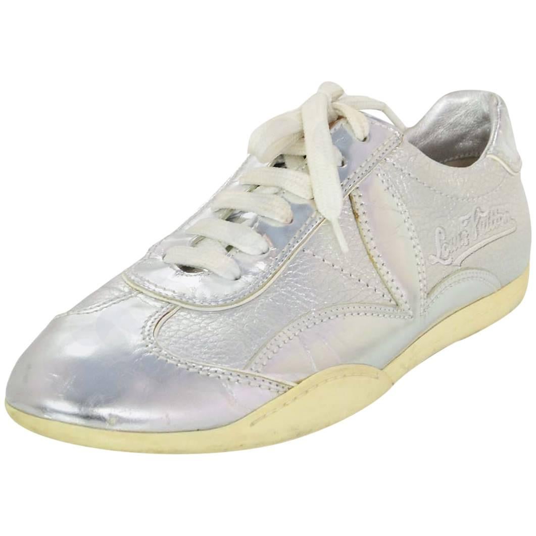 Louis Vuitton Silver Leather Lace Up Sneakers sz 37