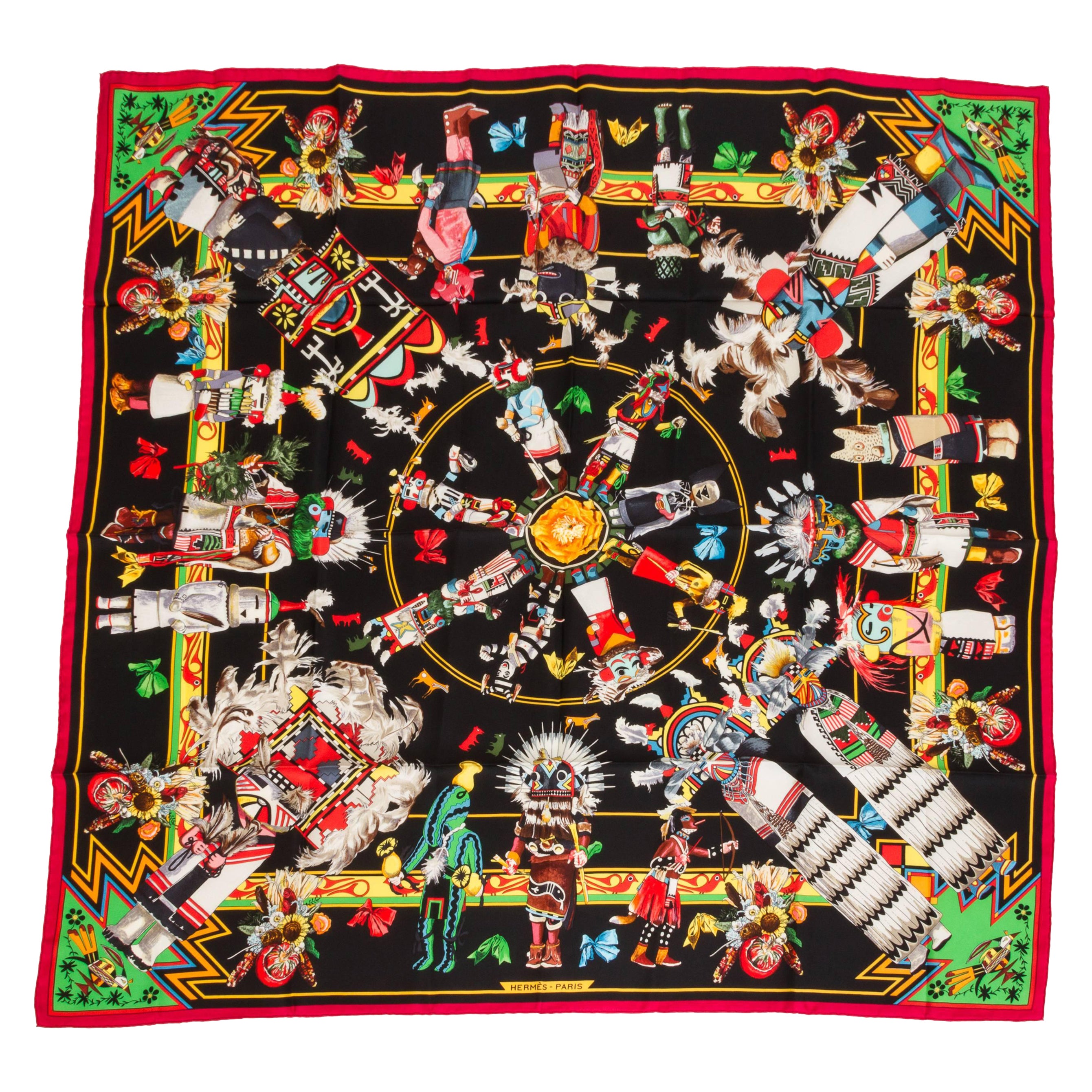 Hermès Black Kachinas Silk Scarf, Oliver For Sale