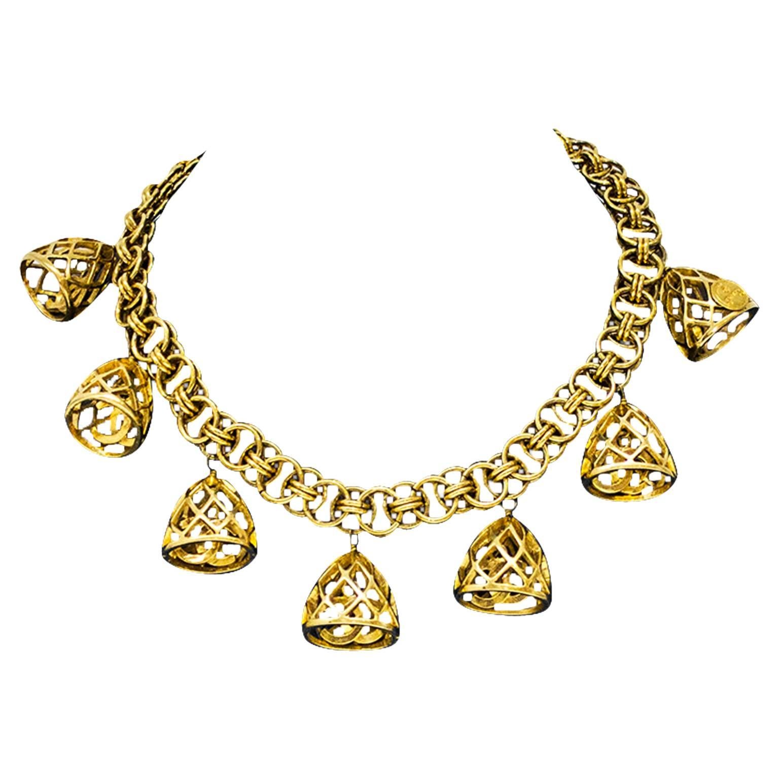 1980s Chanel Gold Tone Necklace with CC logo bells 