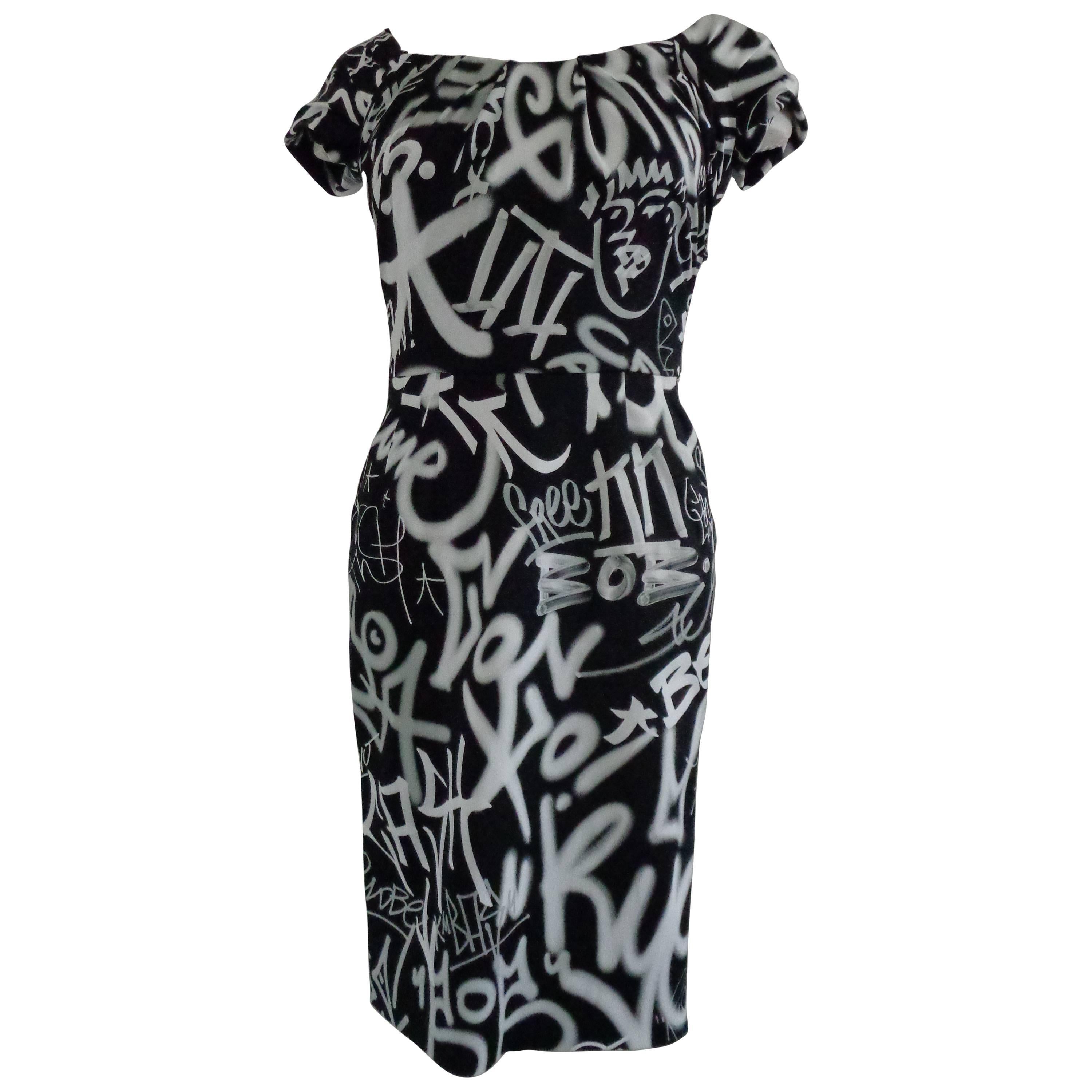 Moschino Couture Black White Graffiti Print Dress NWOT For Sale