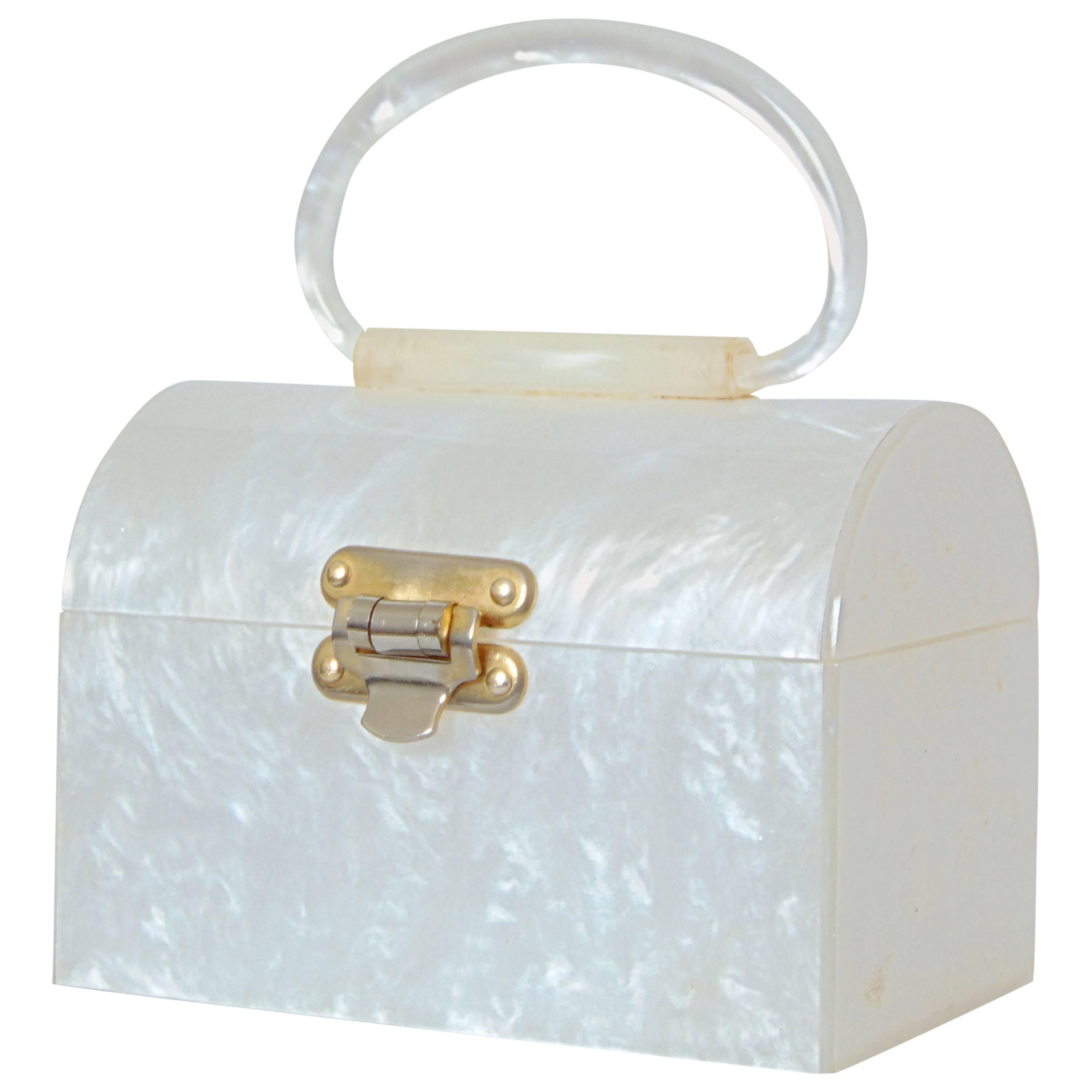 Vintage 1960s White Lucite Top Handle Purse Bag Trinket Box