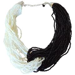 Chic Kenneth Jay Lane Black and White Beaded Torsade Choker Necklace 16in 90s
