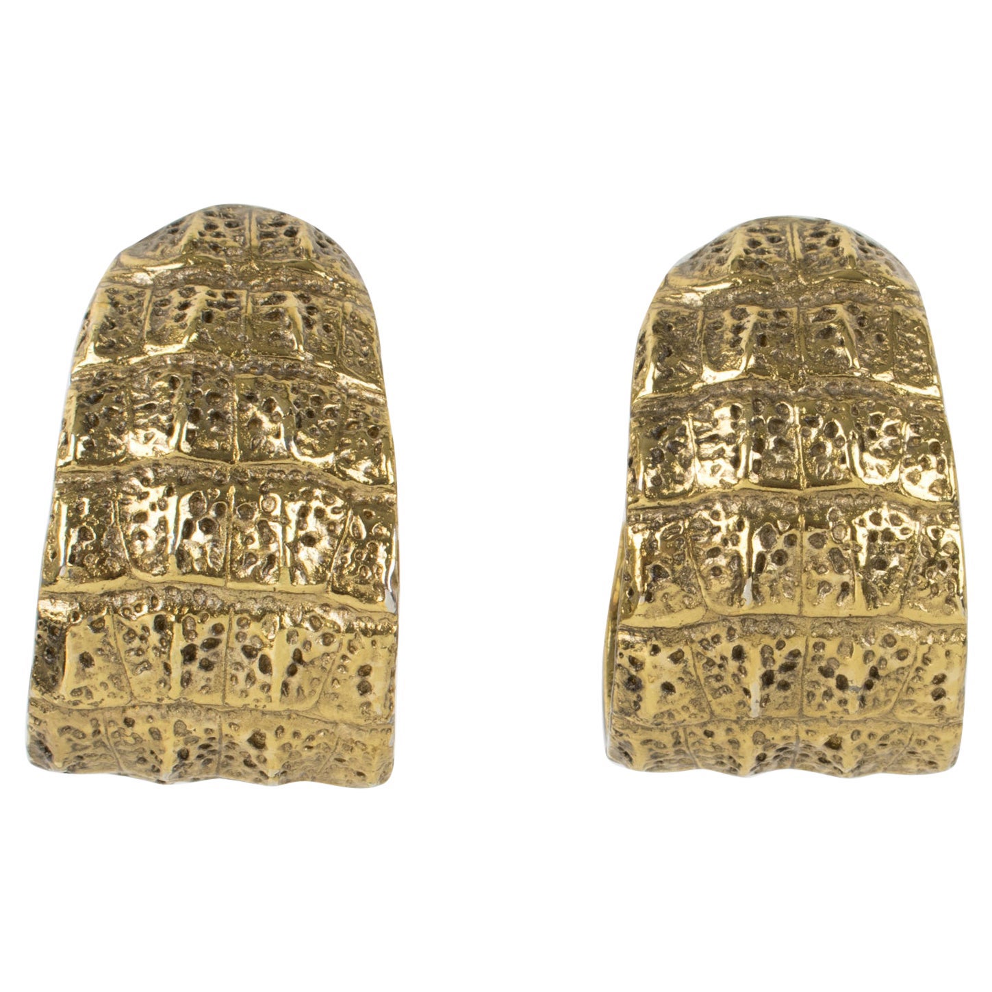 Yves Saint Laurent YSL Crocodile Embossed Gilded Clip Earrings For Sale