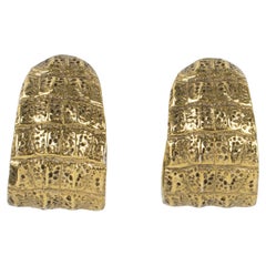 Yves Saint Laurent YSL Crocodile Embossed Gilded Clip Earrings