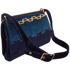 Italian C.1970 Giotti Geometric Blue Velvet Handbag
