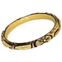 Celluloid Bracelet Bangle with Geometric and Floral Carving