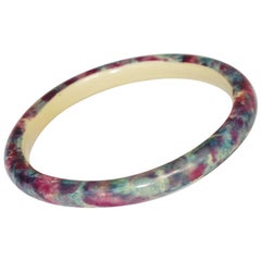 French Art Deco Celluloid Bracelet Bangle with Blue and Pink Sponge Design