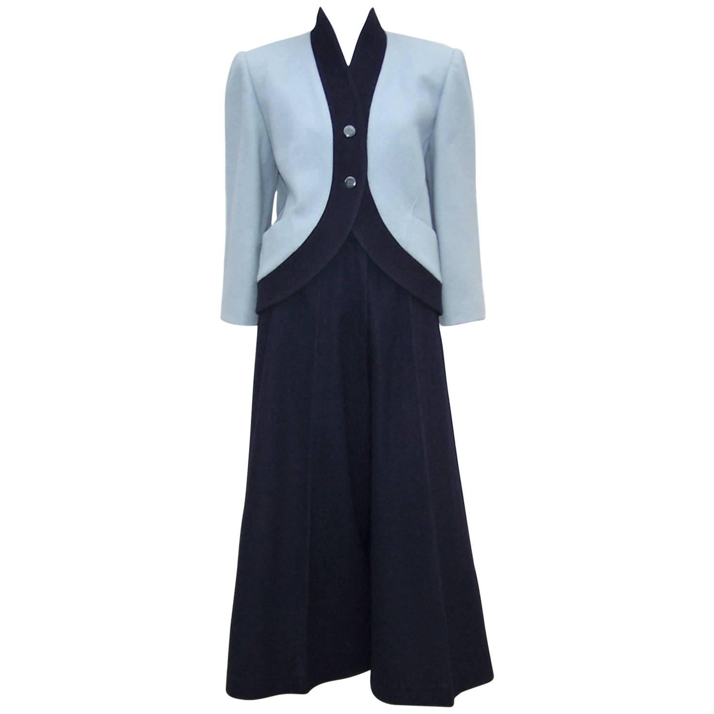 Stylized 1980's Karl Lagerfeld Blue Wool Suit With Wide Legged Pants