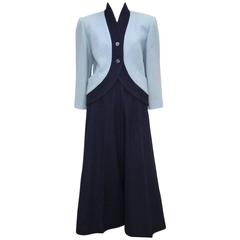 Stylized 1980's Karl Lagerfeld Blue Wool Suit With Wide Legged Pants