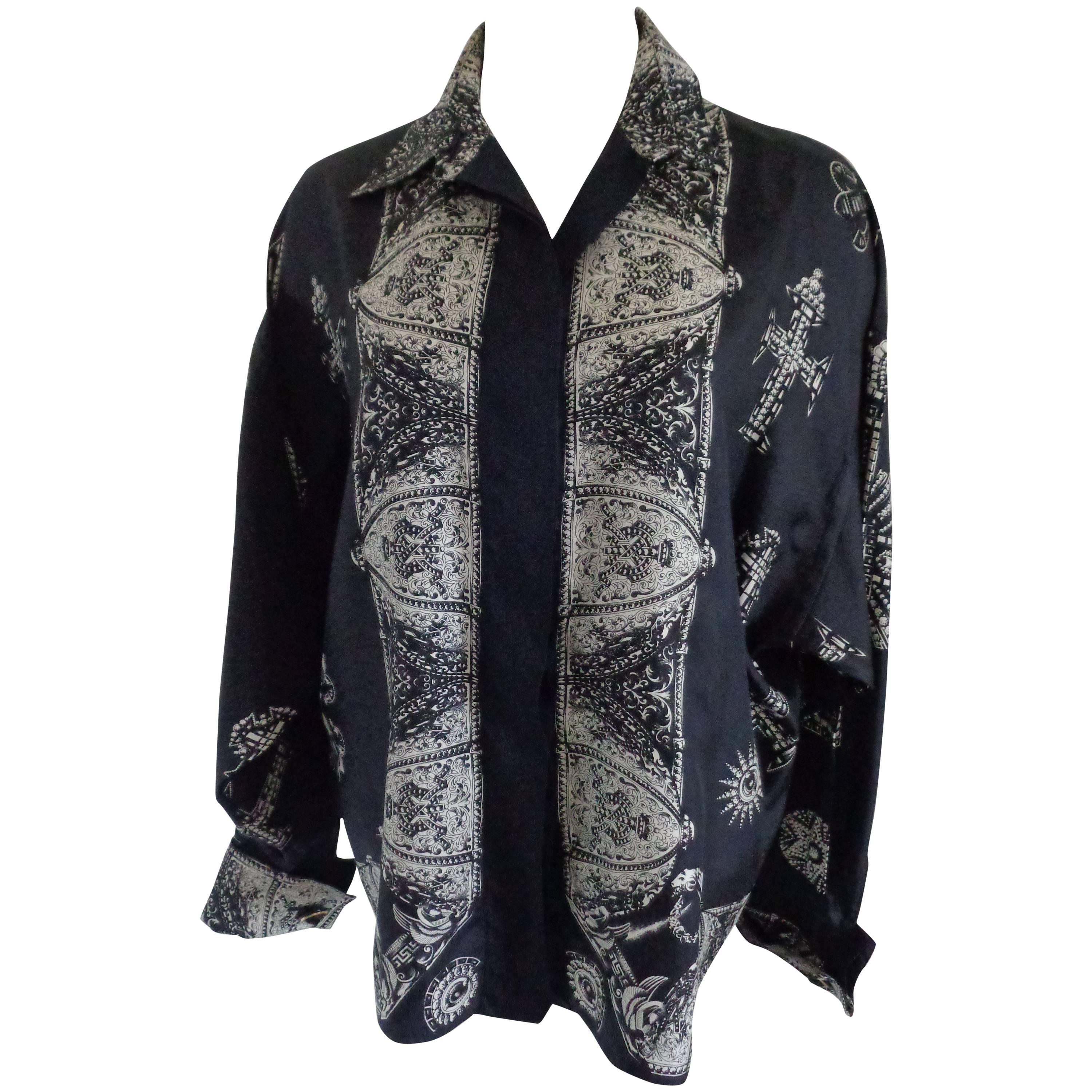 1980s Gianni Versace Black White Silk Shirt