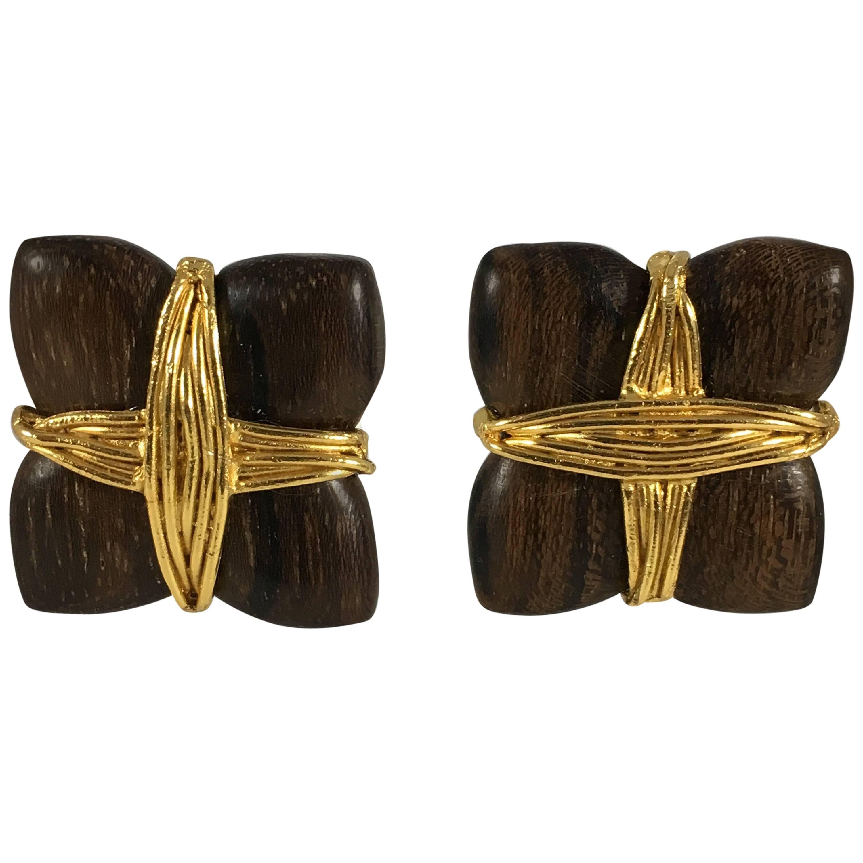 1980s Yves Saint Laurent Rive Gauche Wooden and Goldtone Earrings