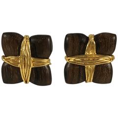 Vintage 1980s Yves Saint Laurent Rive Gauche Wooden and Goldtone Earrings