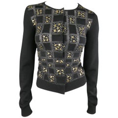 Giambattista Valli Black Charcoal Gold Splatter Geometric Wool Cardigan