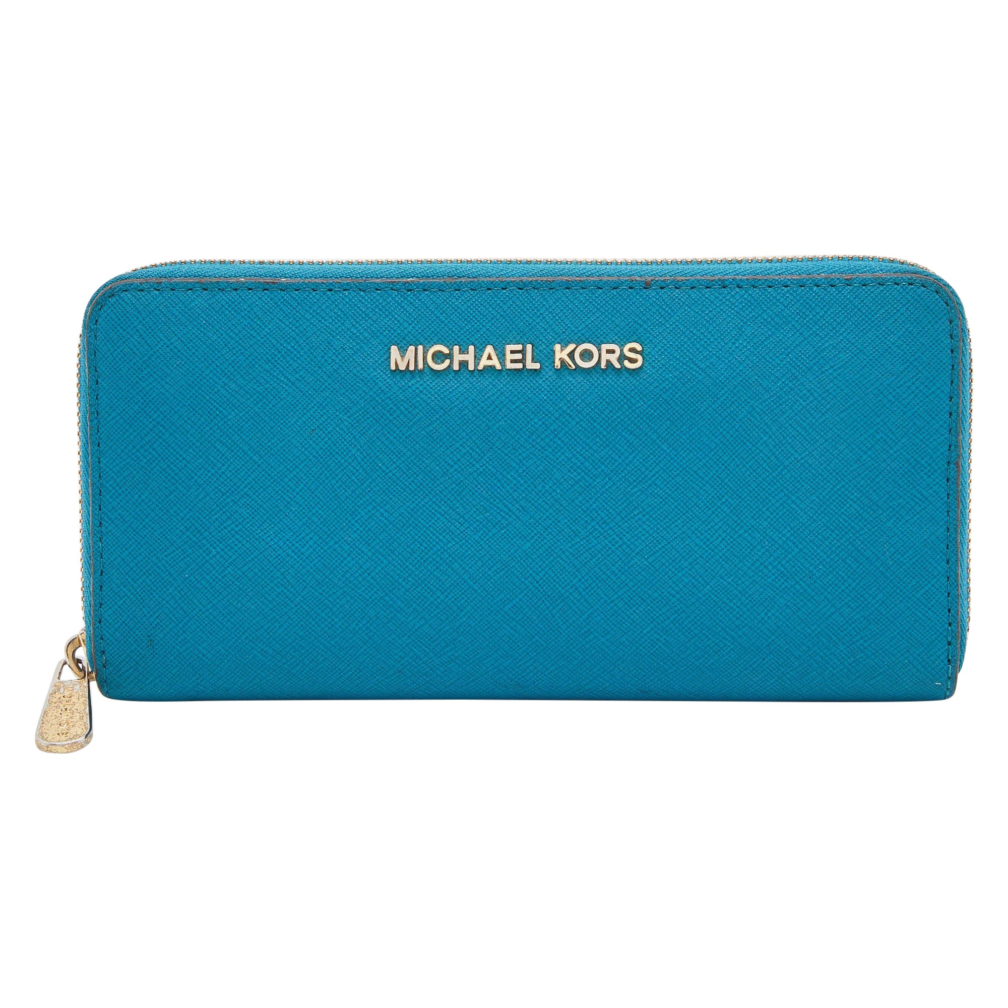 Michael Kors Blue Leather Jet Set Zip Around Wallet For Sale