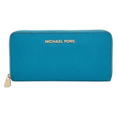 Michael Kors Blue Leather Jet Set Zip Around Wallet