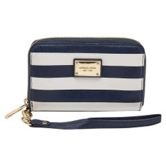 Michael Kors Blue/White Leather Striped Zip Around Wallet